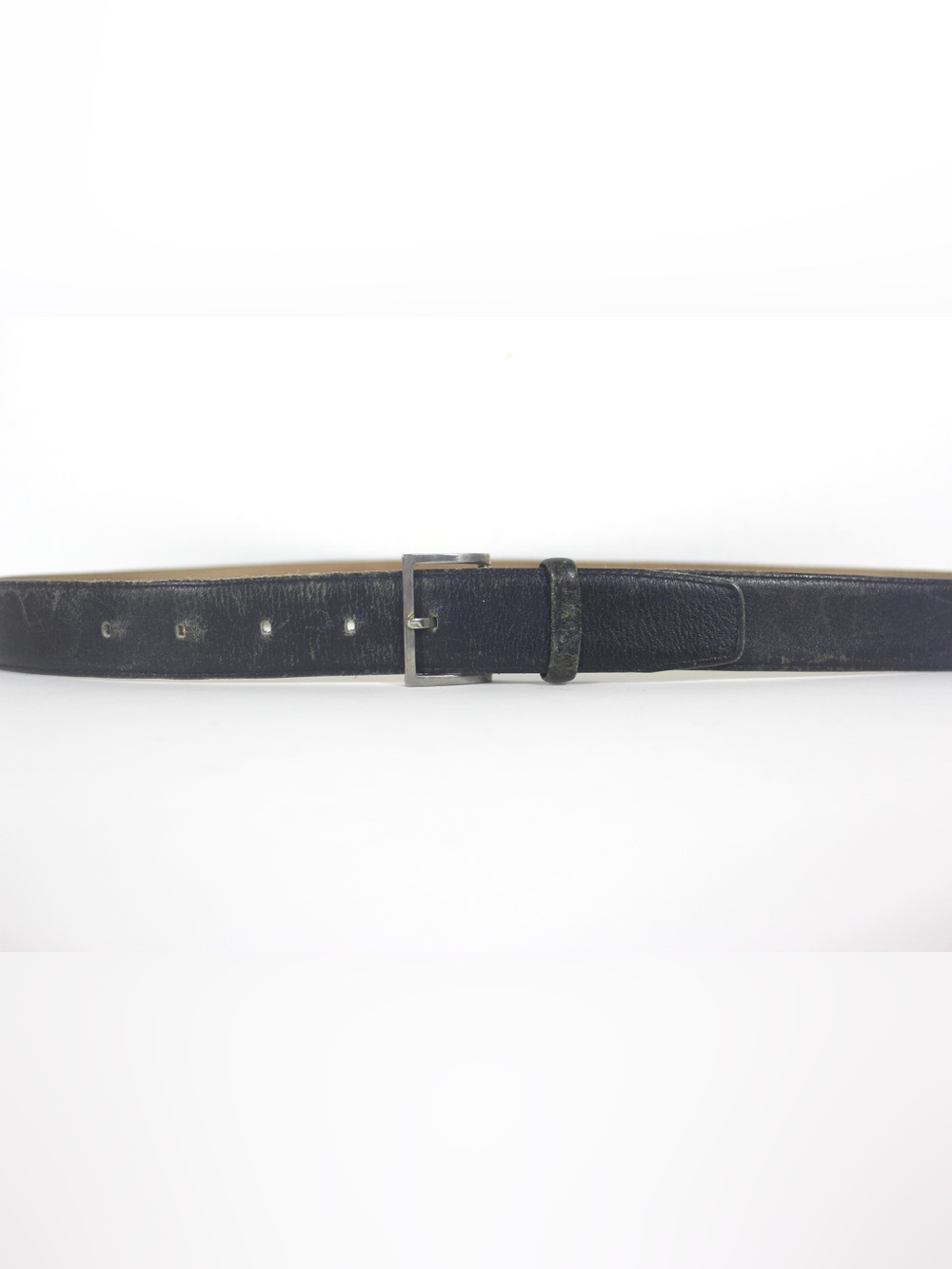 Distressed Vintage Black Leather Belt Small Metal Buckle Worn In Narrow Dress